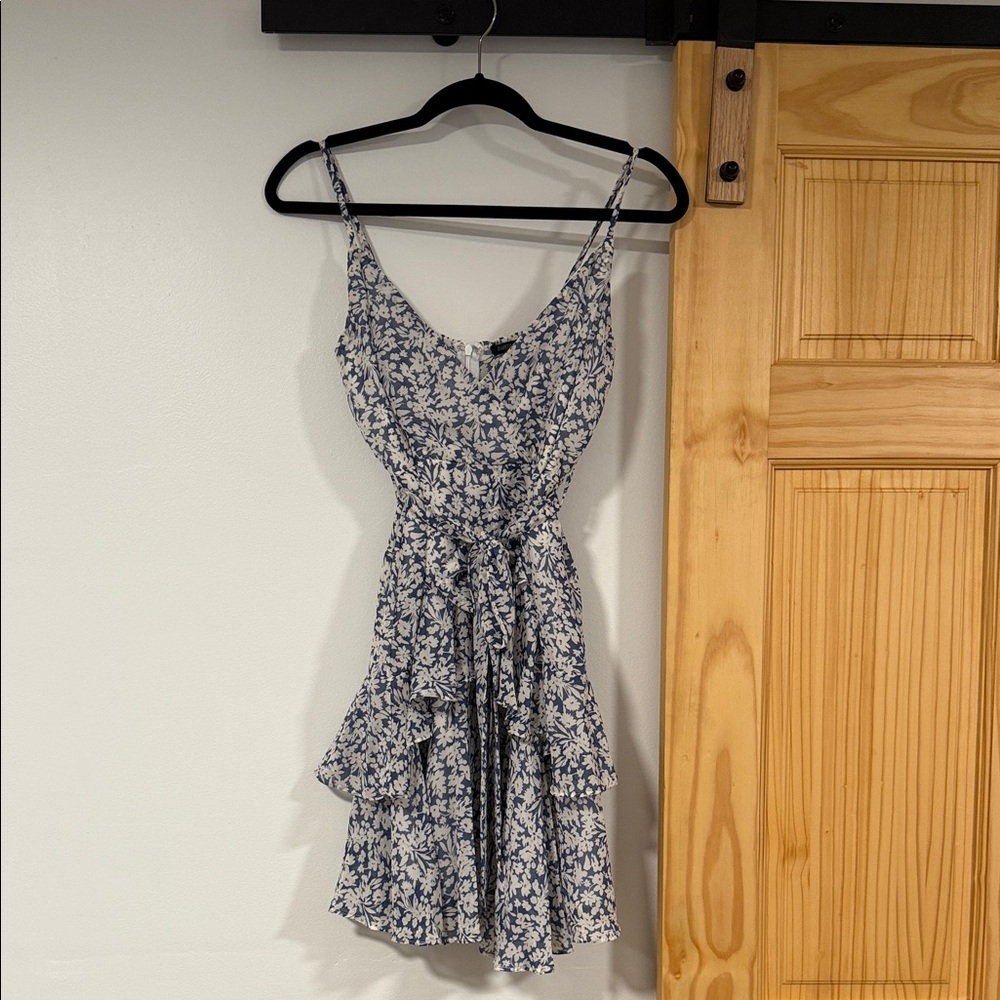 Papermoon Blue and White Floral Tiered Mini Dress